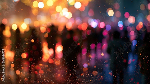 Blurred, colorful lights and indistinct figures suggest a lively, festive atmosphere
