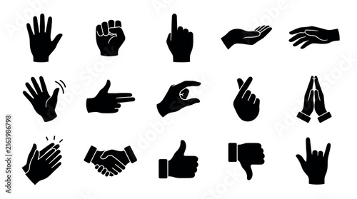 Collection of black silhouette hand gestures isolated on a white background