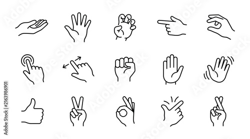 Collection of hand gestures in a vintage engraved style on a white background
