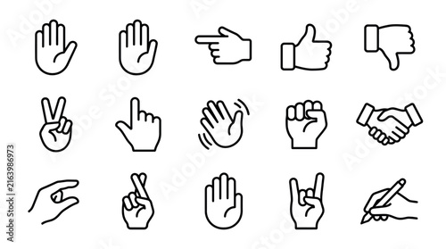 Collection of hand gesture icons in simple black line drawing style