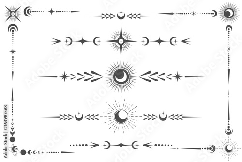 Celestial frames with line of moon stars and sun ornament. Tarot magic border and text divider with fantasy symbols and spiritual elements isolated on white background
