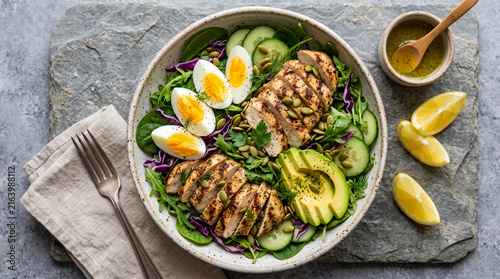 Принти на полотні Top-down view of a vibrant chicken salad bowl with hard-boiled eggs, sliced avocado, cucumber, seeds, greens, lemon wedges, and dressing on slate