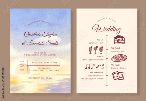 Elegant Wedding Invitation Set with Watercolor Sunset Beach Background and Event Itinerary Timeline Template