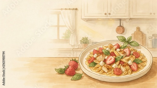 A national dish of Italian cuisine. 
Pasta fredda con fragole is a summer dish; cold pasta is combined with ripe strawberries, spinach, goat cheese, and balsamic cream. A banner with space for text. 