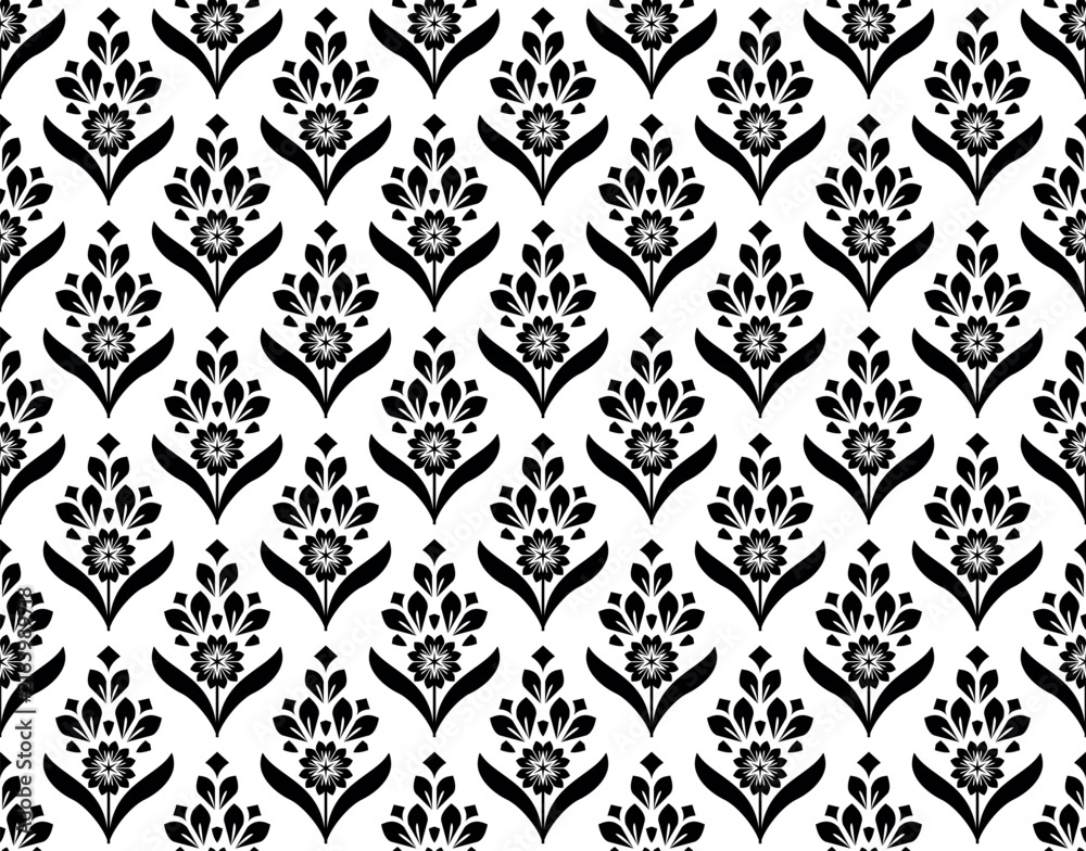Fototapeta premium Floral pattern. Seamless vector background. Vintage wallpaper in the Baroque style. White and black ornament for fabric, wallpaper, packaging. Ornate Damask flower illustration.