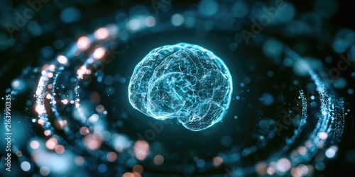 Glowing digital brain rendered in blue light amidst swirling particles