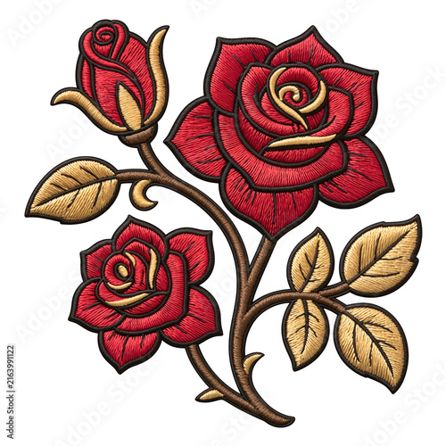 Embroidered red rose patch with golden leaves and curling stem