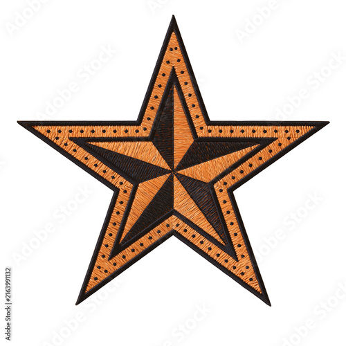 Embroidered star patch with orange and black geometric design