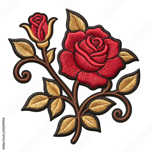 Embroidered patch featuring red rose flower and gold leaf