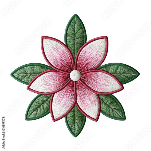 Embroidered patch with pink flower and green leaf design