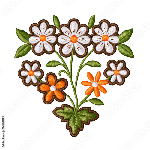 Embroidered floral patch with white and orange flower bouquet design