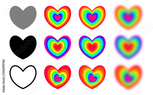 Set of rainbow heart icons with solid, outline, gradient, glow and blur effect vector collection