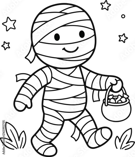 Cute Mummy Kid Trick or Treating Halloween Coloring Page Black and White Line Art Vector Illustration