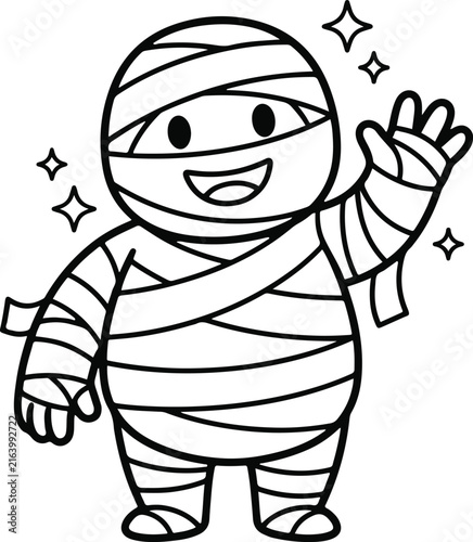 Cute Mummy Waving Halloween Coloring Page Black and White Line Art Vector Illustration
