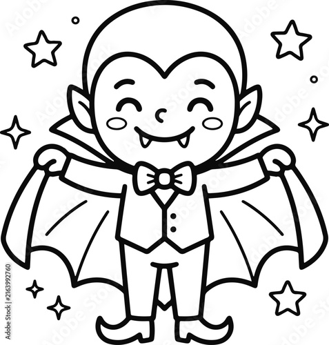 Cute Vampire Boy with Bat Wing Cape Halloween Coloring Page Black and White Line Art Vector Illustration