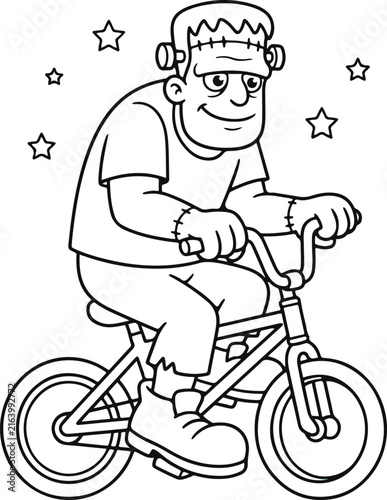 Cute Frankenstein Riding Bicycle Halloween Coloring Page Black and White Line Art Vector Illustration