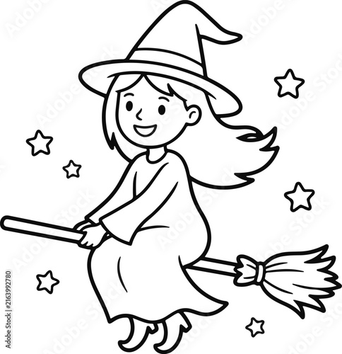 Cute Witch Girl Flying on Broom Halloween Coloring Page Black and White Line Art Vector Illustration