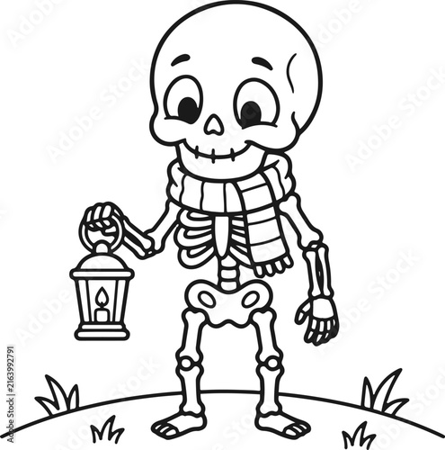 Cute Skeleton Holding Lantern Halloween Coloring Page Black and White Line Art Vector Illustration