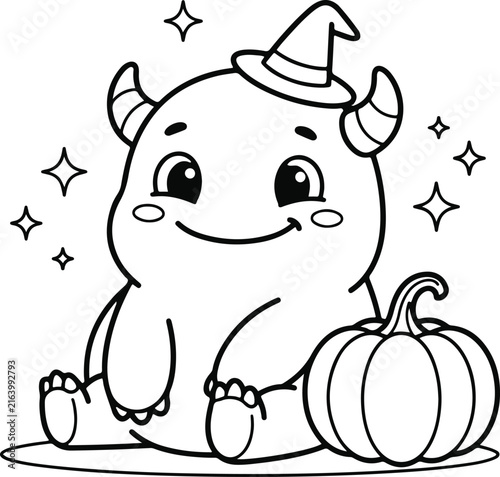 Cute Monster with Witch Hat and Pumpkin Halloween Coloring Page Black and White Line Art Vector Illustration