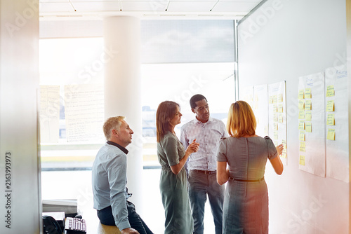 Meeting, sticky note or team in office with brainstorming, cost reduction or risk mapping for audit. Finance staff, people or strategy for scenario planning, compliance preparation or budget timeline