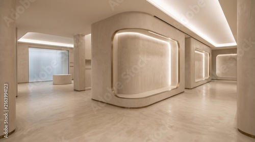 Luxury minimalist retail showroom with curved organic plaster walls