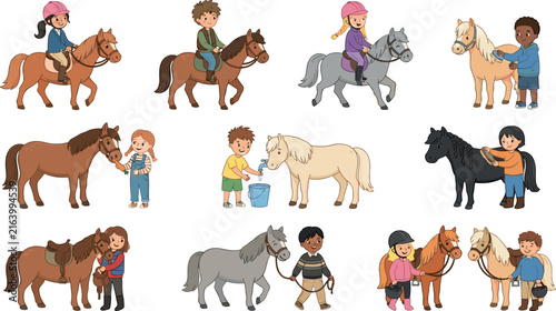 Cute Kids Riding and Caring for Ponies Vector Icon Set Featuring Equestrian Horse Farm ElementsCute Kids Riding and Caring for Ponies Vector Icon Set Featuring Equestrian Horse Farm Elements