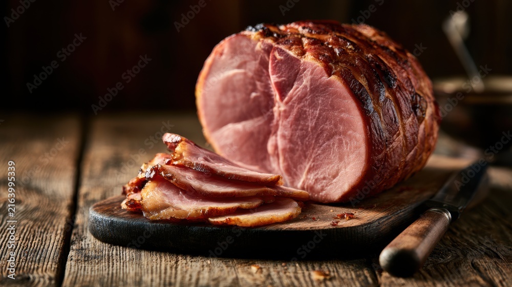 Fototapeta premium Close-up view of sliced roasted ham with glazed crust on wooden cutting board with knife on rustic table, high protein food for meal preparation
