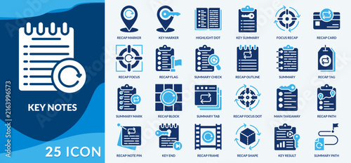 Key note collection featuring highlights, summaries, markers, review elements, and references for reports and presentations Fill web set Icon Style