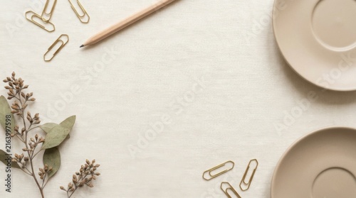 Minimal Study Flat Lay With Paper Clips, Pencil, Botanicals and Copy Space