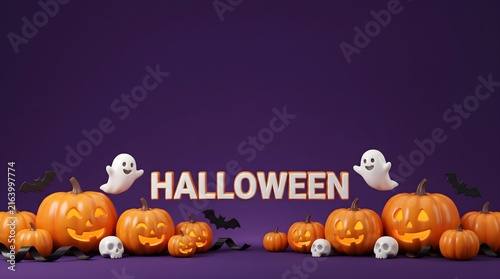 Halloween banner with glowing lanterns, ghosts, and skulls; Orange carved pumpkins and skeleton heads on purple background; Spooky seasonal celebration concept with black bats; Festive holiday