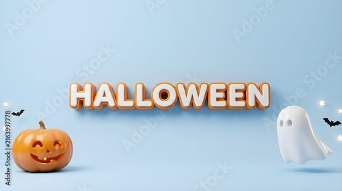 Cute Halloween letters with toy ghost and pumpkin on blue. Halloween concept decorations and background designs. 3D rendering, scary and funny.