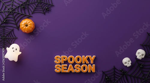 Spooky season Halloween text concept on purple background with skeletons, spiderwebs, and pumpkin. Halloween themed composition, spooky typography, autumn background.