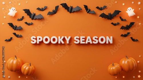 Spooky Season October 31st greeting, orange Halloween background with flying black bats, pumpkin crops, cute cartoon ghosts and shining lights, festive autumn holiday concept design with white