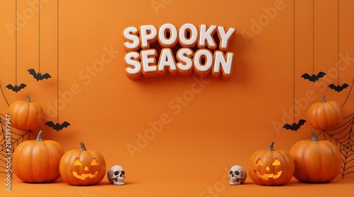 Spooky Season Halloween Concept With Pumpkins and Skulls. Orange Background Desktop Still Life. Autumn Holiday Celebrations, Text, and Bats