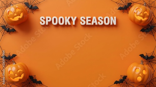 Spooky Season Halloween Background with Pumpkin, Bats, Cobwebs, Orange, Trick or Treat Party Decor Space