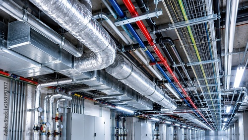 Technical floor with cable networks and building utility infrastructure including ventilation ducts and pipelines, representing HVAC engineering, maintenance, mechanical systems.