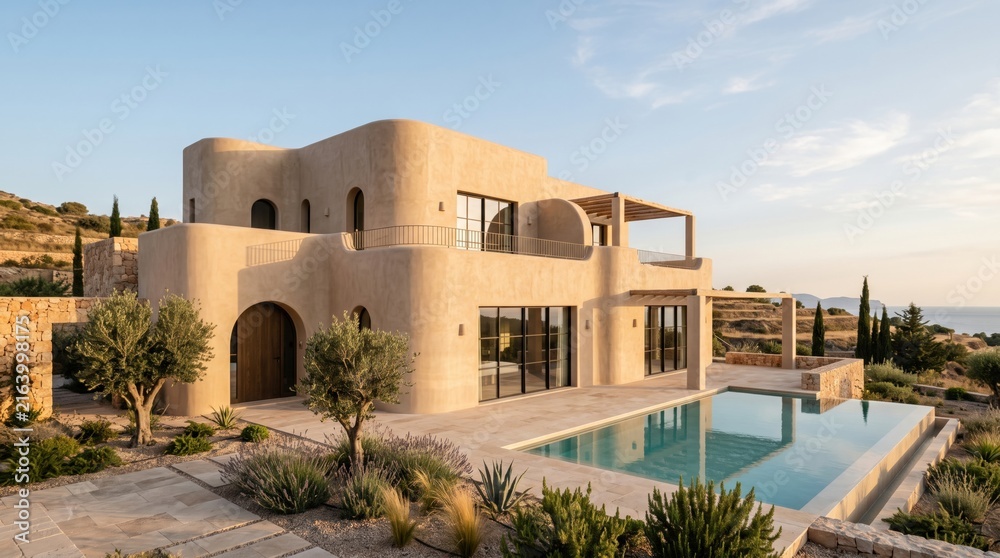 Fototapeta premium Modern Mediterranean Luxury Villa with Swimming Pool and Sea View