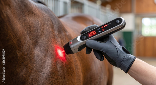 Therapeutic laser device applying red light treatment to horse muscle for recovery aid.