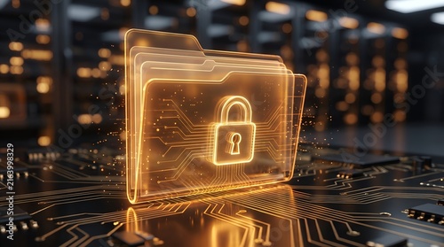 Data protection and cyber security concept showing a secure digital file folder with a padlock inside a server room.
