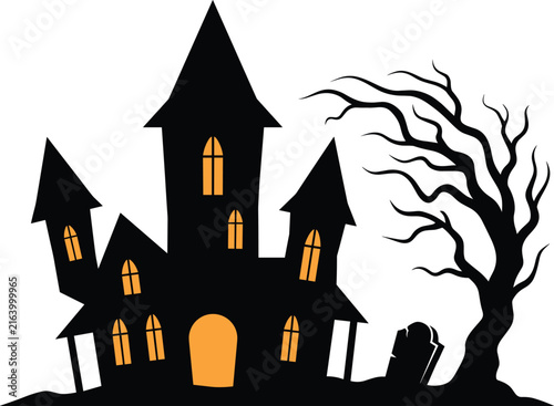 Crooked haunted manor with dead tree and gravestone Halloween gothic black vector silhouette