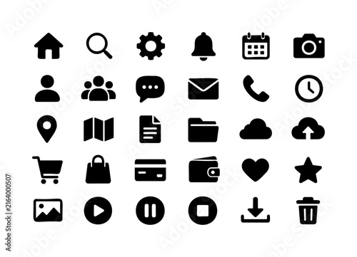 Mobile App Navigation Black Icon Set with Home, Search, Settings, Notification and Media Control Symbol