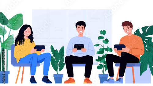 Engaged friends playing video games together in cozy indoor setting surrounded by plants, showcasing joy and connection
