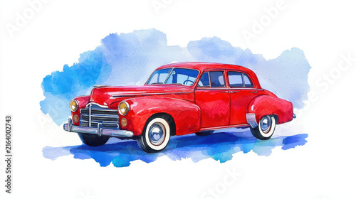 Classic red car with vintage design, set against soft blue watercolor background, evokes nostalgia and charm