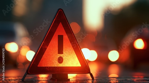 Illuminated triangular warning sign with exclamation mark on wet surface during nighttime urban scene with blurred lights and bokeh effect background