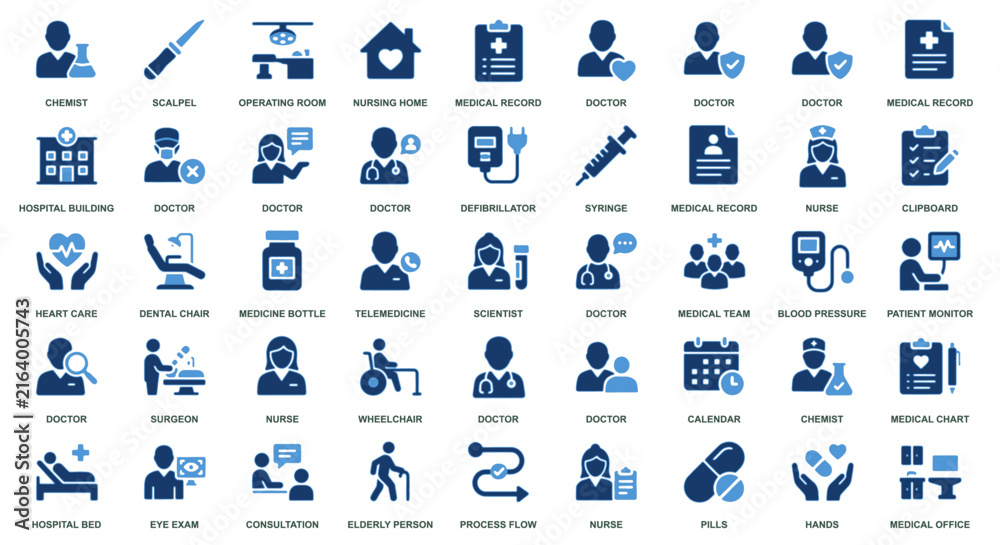 Naklejka premium Medical icons set with 45 blue flat vector elements. Healthcare symbols for hospital, doctor, and patient care. Professional clinic UI icons.