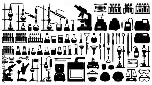 Set of Black Laboratory Equipment Icons Vector Isolated on Transparent Background Cutout Scientific Research Chemical Apparatus and Glassware Symbols