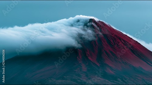 Majestic Red Volcano Peak Emerging from Thick White Clouds