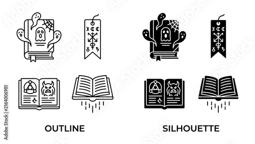 Halloween Book Icon Set: A collection of illustrative icons representing spooky Halloween themes, including a ghost emerging from a book, a bookmark with mystic symbols.