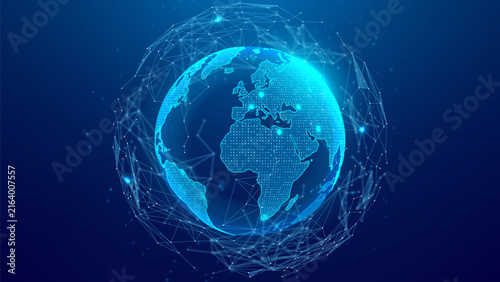 Futuristic digital globe with glowing connections. Glowing Earth surrounded by polygonal grid symbolizing global network, high-tech 5G networks, wireless connectivity and telecommunications. Vector.