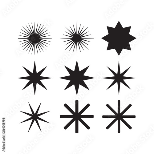 Radial black sunburst and star shapes set for vintage style logos and retro decorative illustrations.